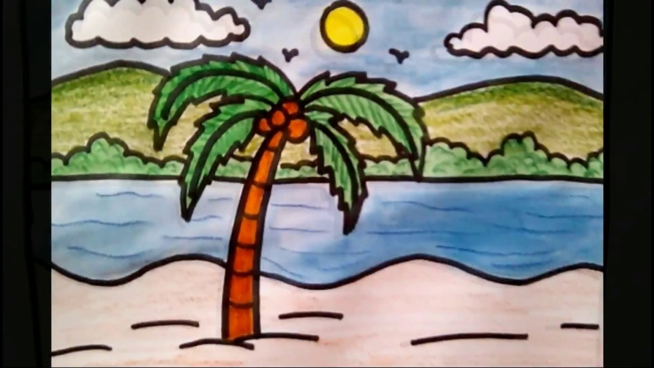 1280x720 Landscape Drawings For Kids And How To Draw Coconut Tree Beach - Beach Landscape Drawing