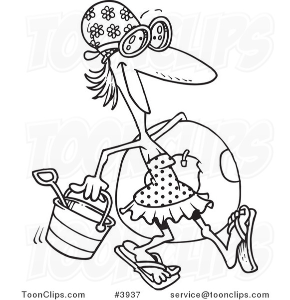 581x600 Cartoon Black And White Line Drawing Of A Summer Lady Walking - Beach Line Drawing