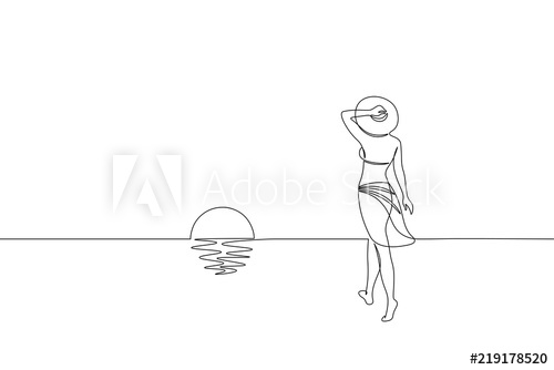 500x334 Continuous One Single Line Art Girl Walking On Sand Beach Concept - Beach Line Drawing