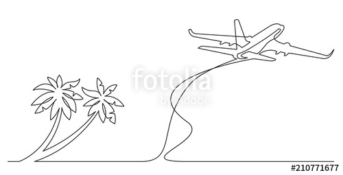 500x255 Continuous Line Drawing Of Palm Trees On Beach And Airplane Stock - Beach Line Drawing