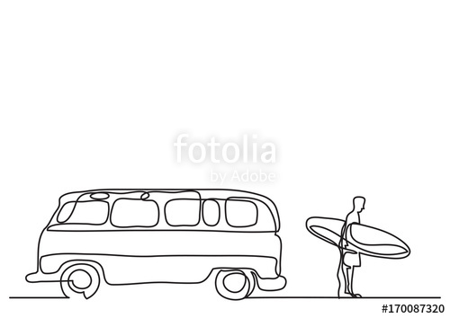 500x354 One Line Drawing Of Van And Man With Surfboard On Beach Stock - Beach Line Drawing