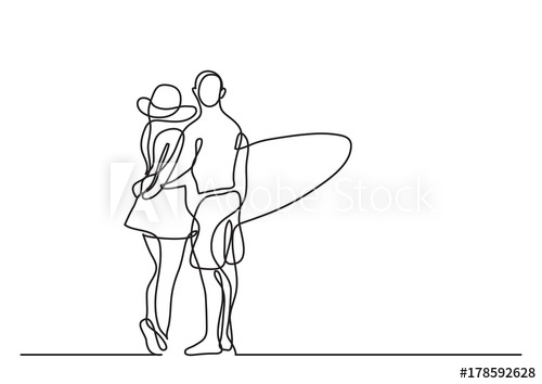 500x354 One Line Drawing Of Young Couple Standing On Beach With Surfboard - Beach Line Drawing