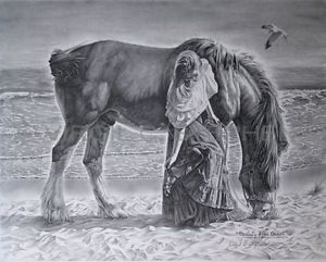 300x241 horse art, beach art, ocean art, pencil drawing of horse on beach - Beach Pencil Drawing