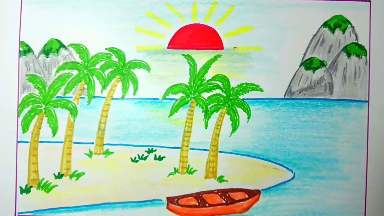 1280x720 Beach Scene With Palm Trees Islands And Sunrise Drawing Idea - Beach Scene Drawing