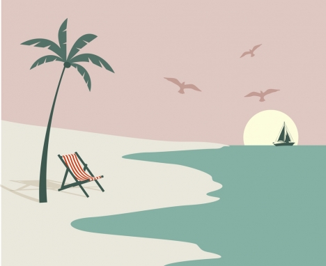 468x382 Beach Scene Drawing Colored Classical Decor Cartoon Design Vectors - Beach Scene Drawing