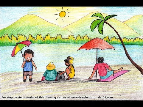 480x360 How To Draw A Summer Beach Scene Step - Beach Scene Drawing