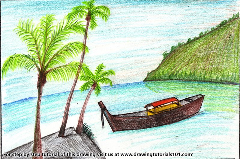 800x532 Learn How To Draw Boat On The Beach Scene - Beach Scene Drawing