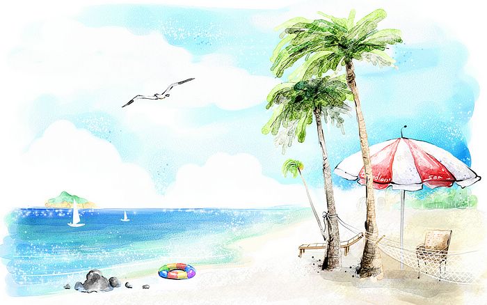 700x438 Romantic Dreamy Tropic Beach Illustration Painting - Beach Scene Drawing