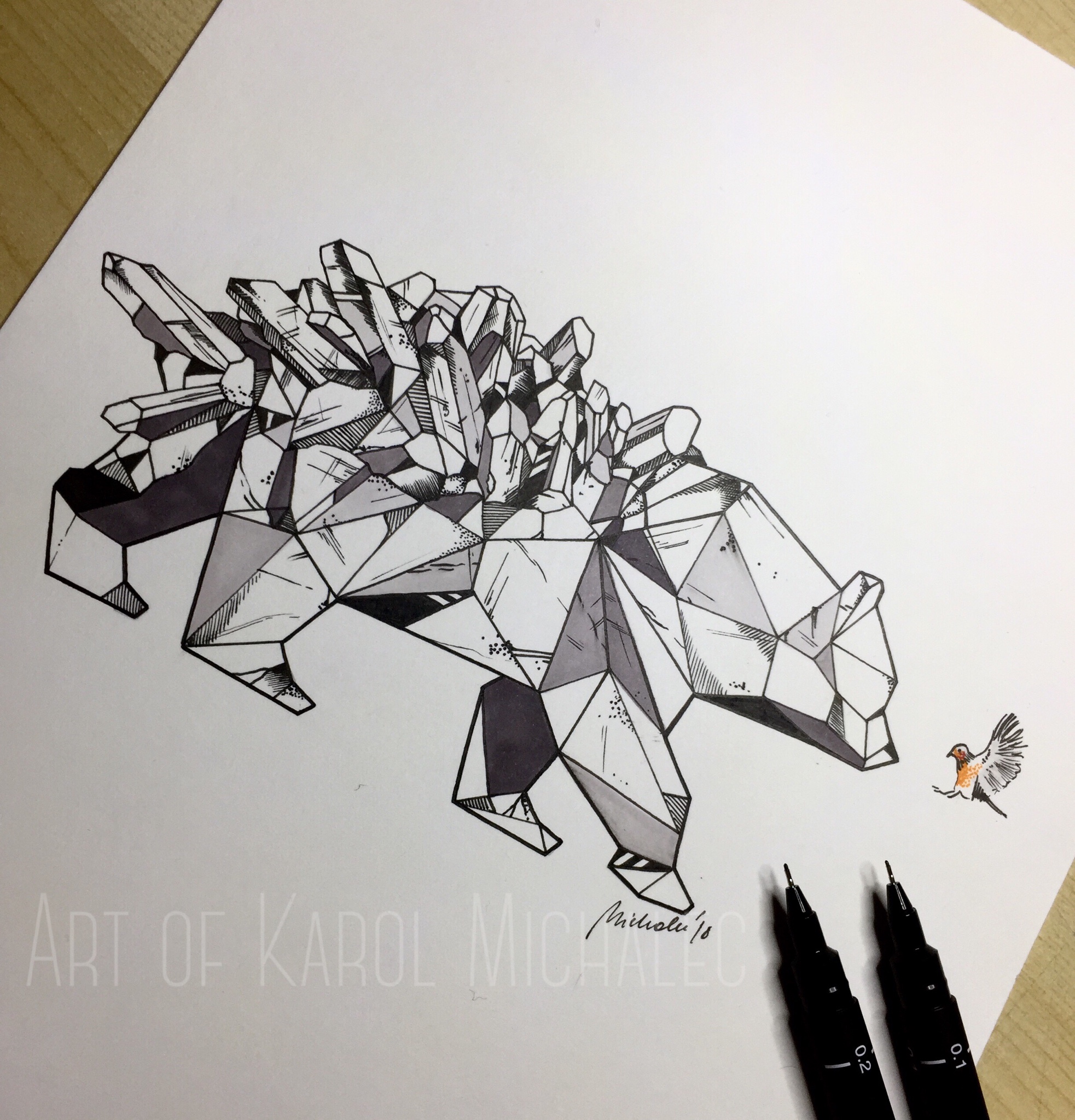 1965x2048 Crystal Bear + Robin Ink Pen Drawing - Bear Drawing