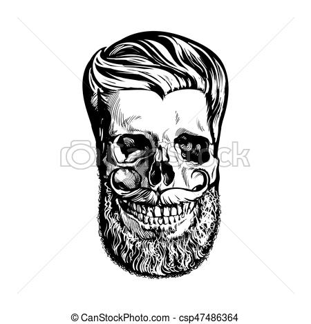 450x470 hand drawn human skull with hipster hairdo, beard and moustache - Beard Drawing