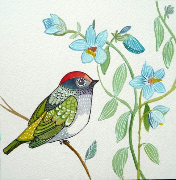 570x582 Summer Nature Flowers Bird Art Original Watercolor Green - Beautiful Birds Drawing