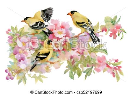 450x323 watercolor beautiful birds sitting on blooming branches - Beautiful Birds Drawing