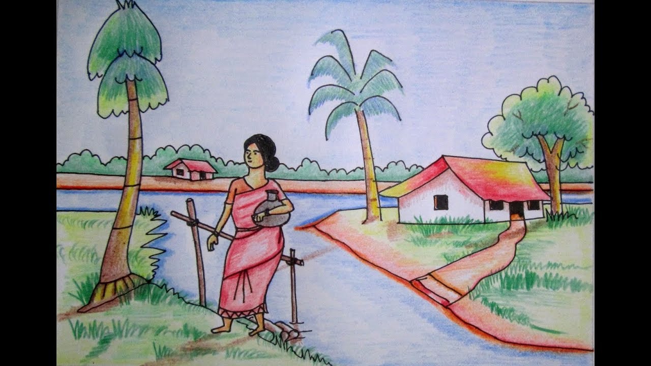 1280x720 Beautiful Natural Village Scenery Drawing Tutorial - Beautiful Drawing Art