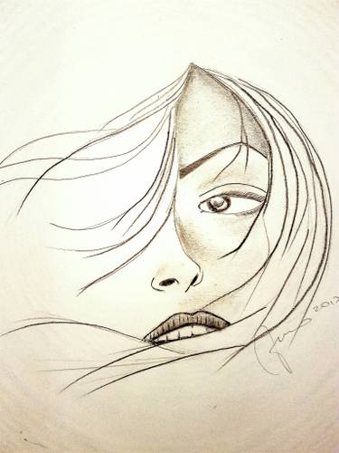375x500 beautiful woman expression blow in the wind drawing - Beautiful Woman Drawing