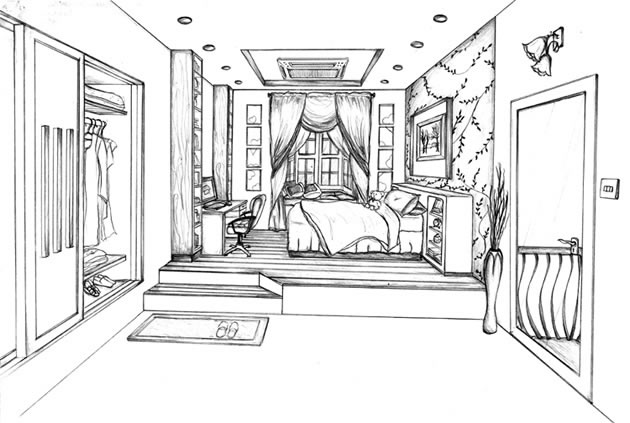 630x423 One Point Perspective Drawing The Ultimate Guide - Bedroom Drawings
