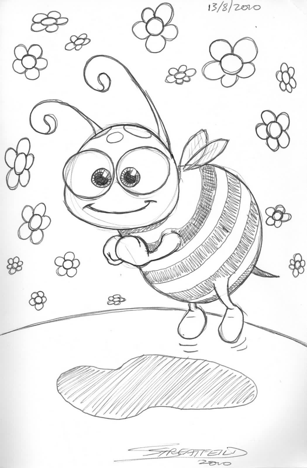 1050x1600 Cartoon Bee And Flowers Tattoo Drawing - Bee Drawing Cartoon
