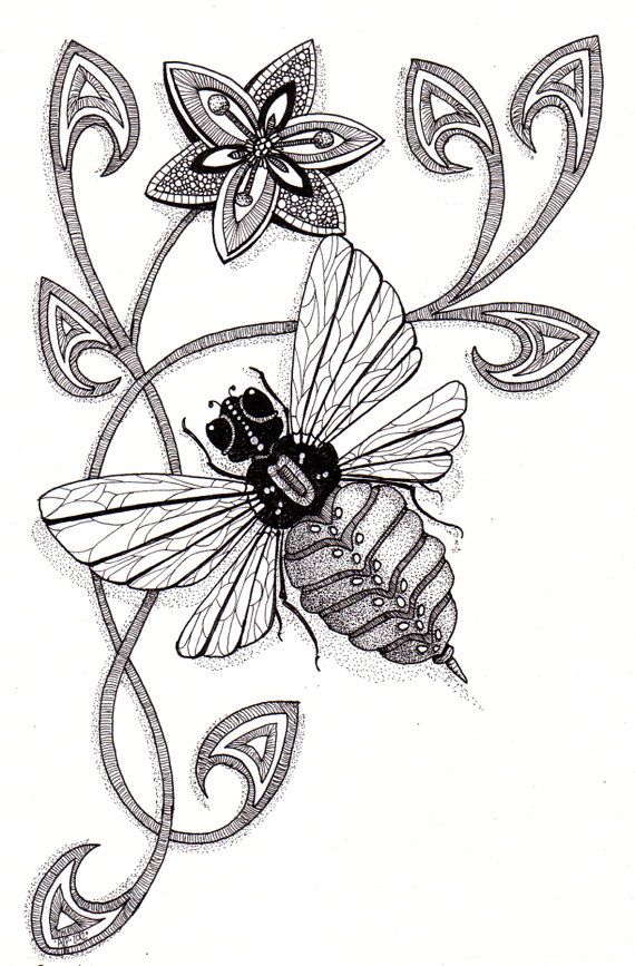 570x867 My Own Art Flower And Bee Steemit - Bee On Flower Drawing