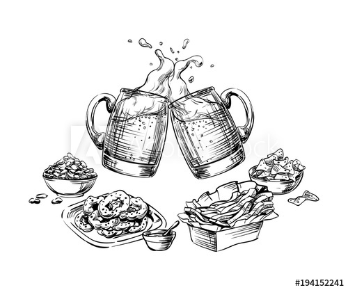 500x417 composition of drinks and snacks set of food two beer mugs - Beer Mug Drawing