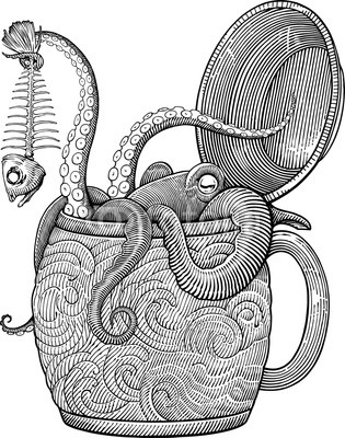 315x400 One More Pleaselack And White Drawing With Octopus Sitting - Beer Mug Drawing