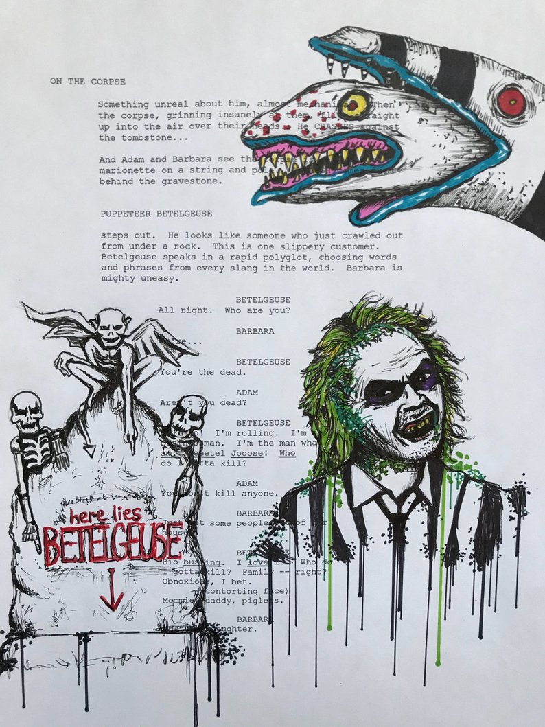 794x1059 original beetlejuice drawing on a script page tim burton etsy - Beetlejuice Drawings