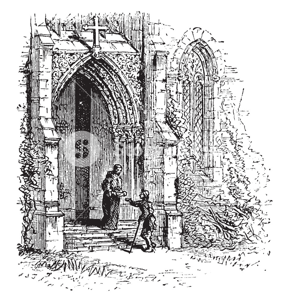 959x1000 monastery gate, poor beggar, bowl, food, monastery, vintage line - Beggar Drawing