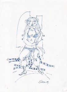 218x300 original miriam slater blue ink tribal belly dancer figure drawing - Belly Dancer Drawing
