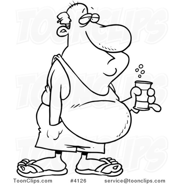 581x600 cartoon black and white line drawing of a guy with a beer belly - Belly Drawing