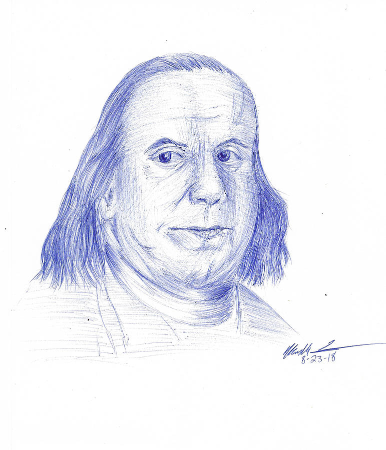 771x900 benjamin franklin portrait in blue ink drawing - Benjamin Franklin Drawing