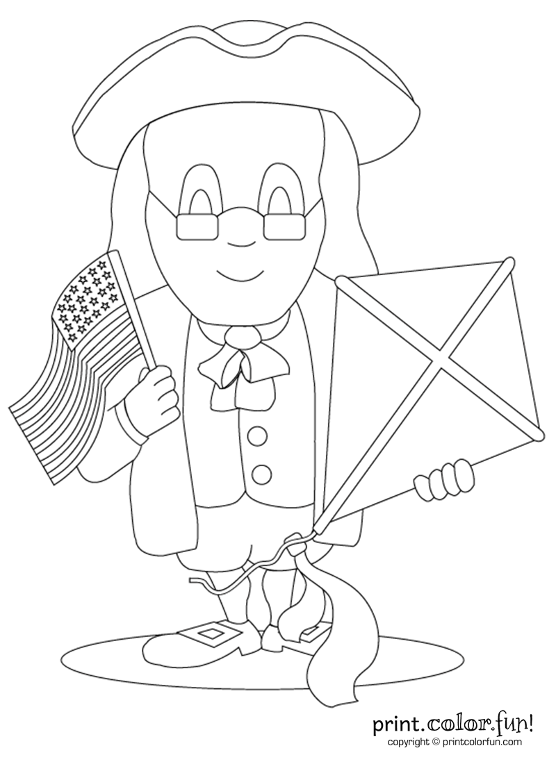 800x1100 benjamin franklin with kite and flag coloring page - Benjamin Franklin Drawing
