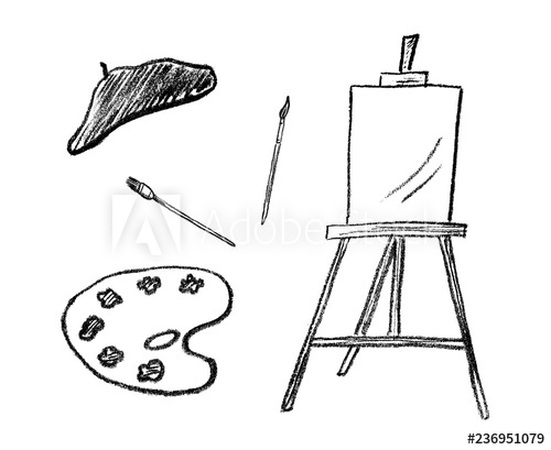 500x409 set of hand drawn icons of easel, beret and art brushes isolated - Beret Drawing