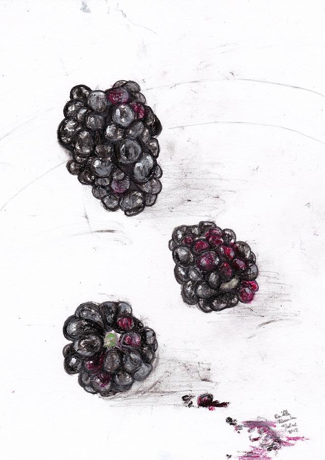 636x900 three blackberries on a white china plate drawing - Berries Drawing
