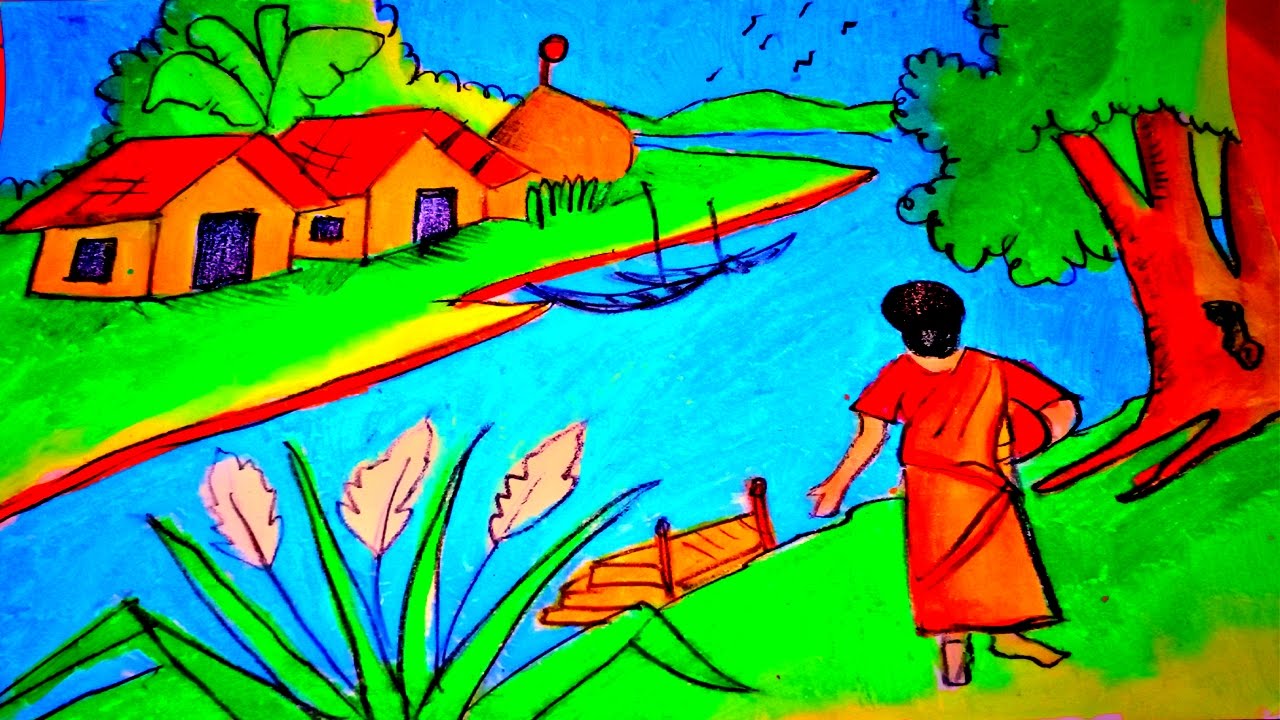 1280x720 Draw A Simple Riverside Village Landscape How To A Best Drawing - Best Drawing For Kids