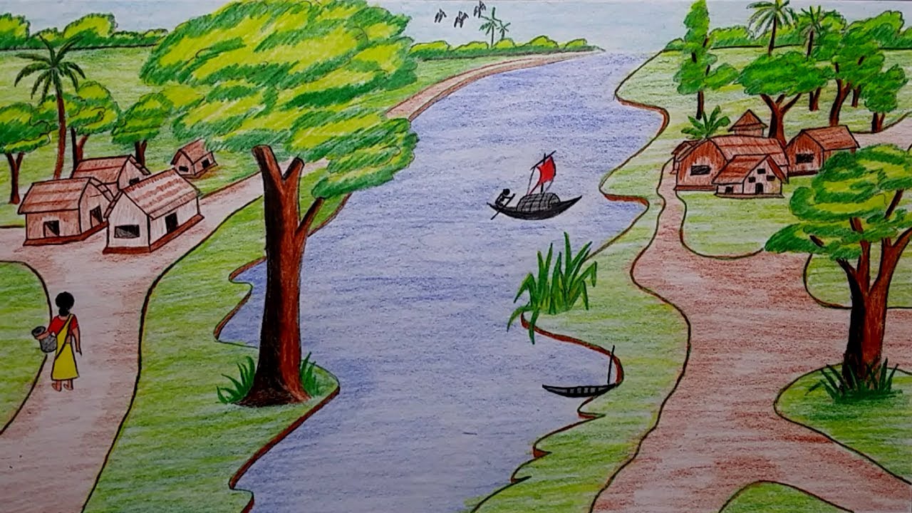 1280x720 How To Draw Village Scenery A Best Village Scene Drawing - Best Drawing For Kids