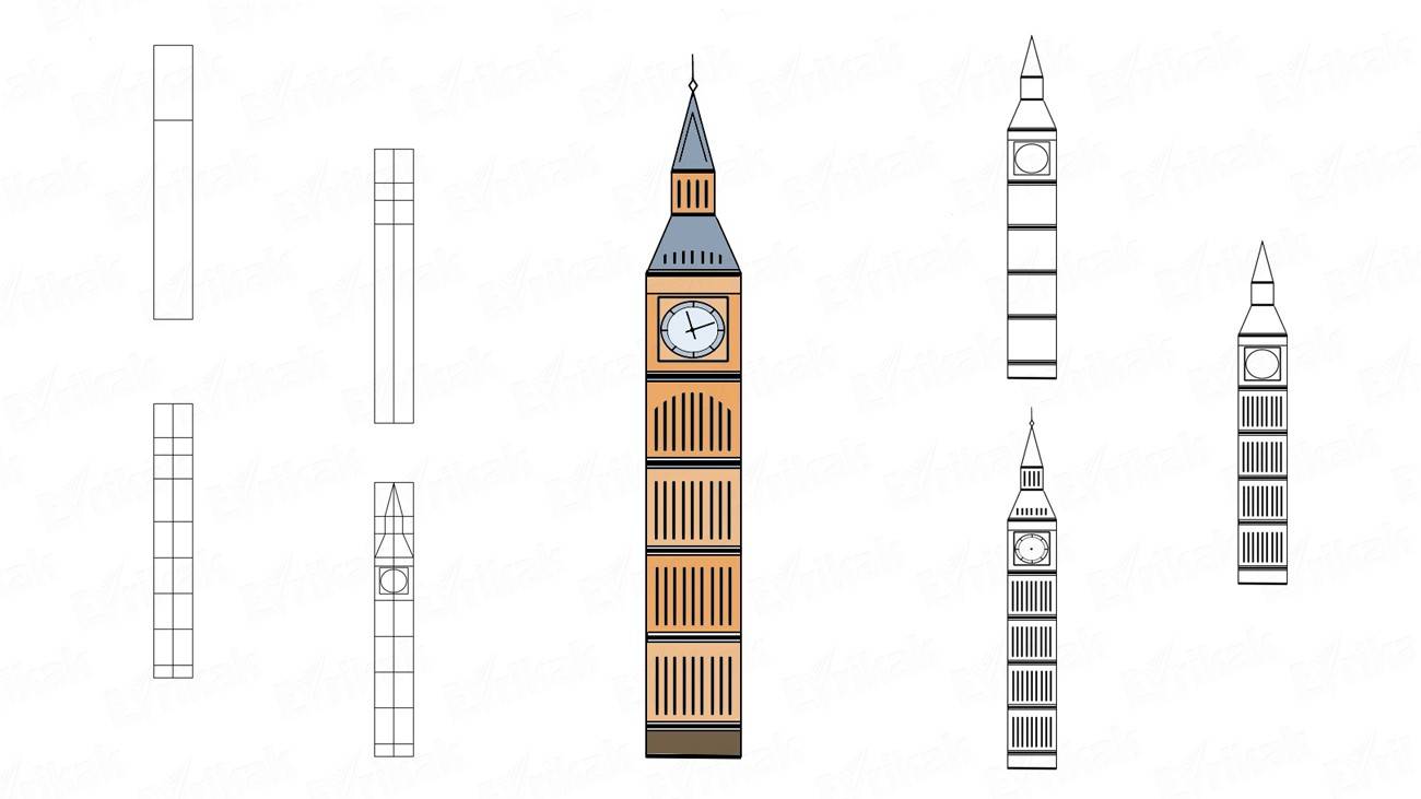1300x731 steps of drawing big ben using a pencil - Big Ben Drawing