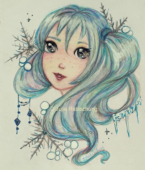 570x670 Cute Winter Girl Seasons Girl With Big Eyes Anime Style Etsy - Big Eyes Drawing
