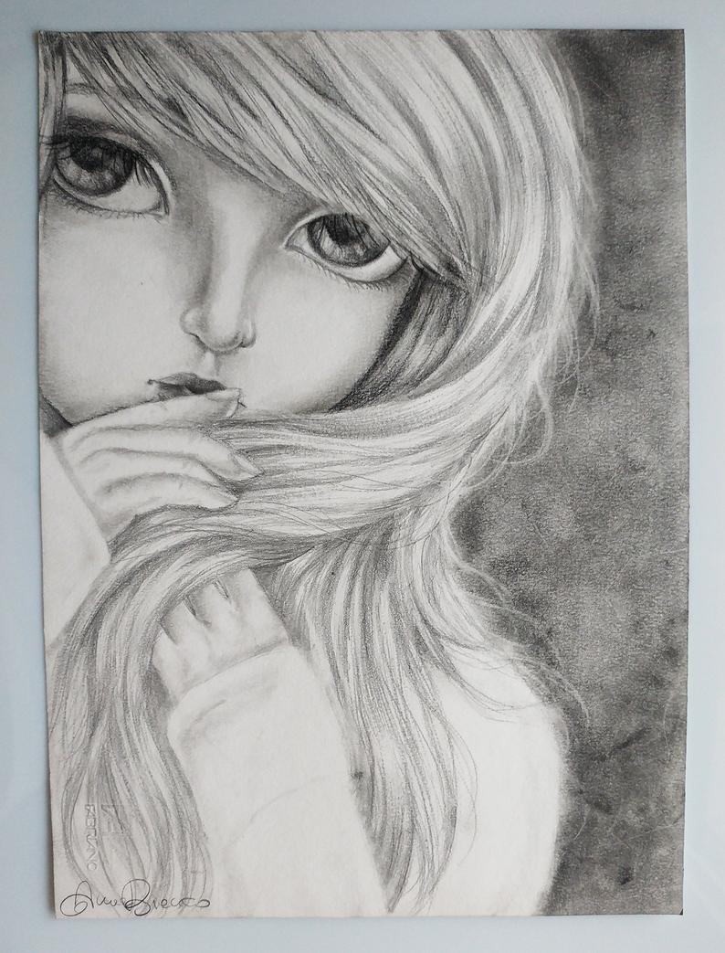 794x1043 Original Drawing Big Eyes Art Doll Graphite Pencil Etsy - Big Eyes Drawing