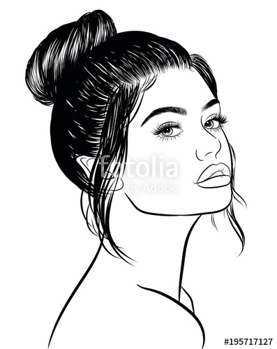 397x500 illustration of beauty woman with loose classic bun,big lips - Big Lips Drawing