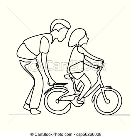 450x470 one line drawing of father helping child to drive bicycle people - Bike Line Drawing
