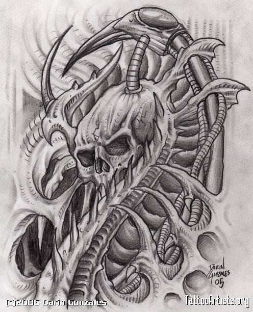 496x612 Biomechanical Skull Tattoo Drawings Tattooic - Biomechanical Drawings