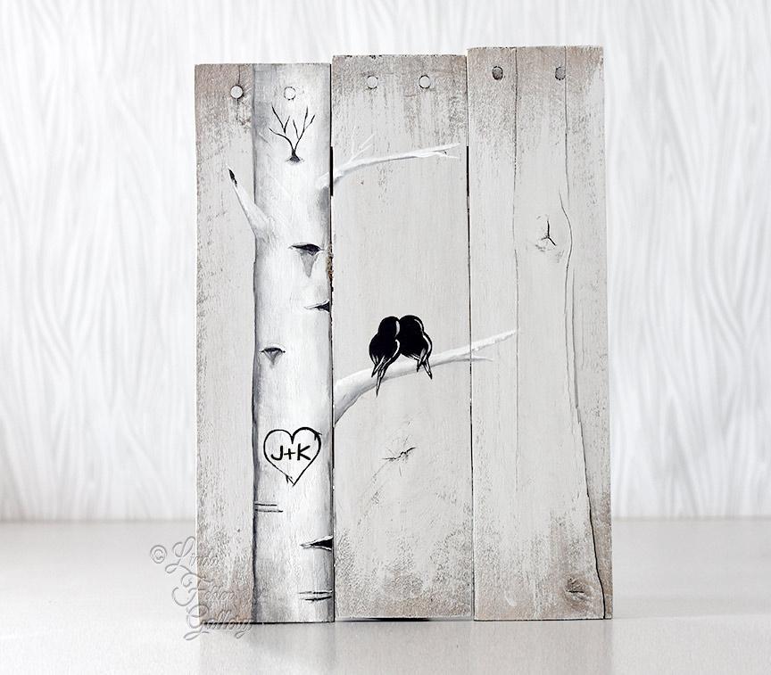 864x757 Rustic Farmhouse Style Love Birds On Birch Tree Painting - Birch Tree Drawing