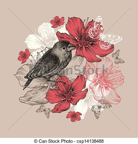 450x470 Flower Background With Bird, Butterfly And Flowering Apple Trees - Bird And Flower Drawing