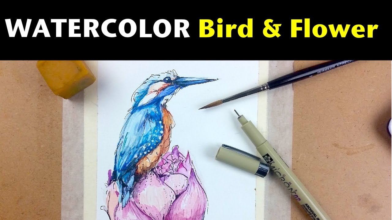 1280x720 Watercolor Ink Tutorials How To Draw Paint A Bird Flower - Bird And Flower Drawing