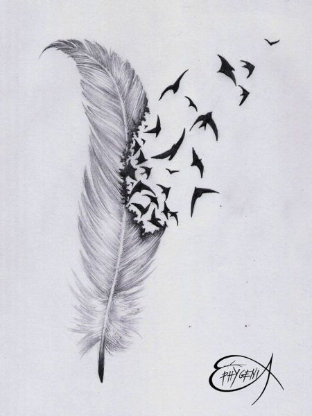 450x600 Feather With Birds Flying Out Tattoo Feather And Bird - Bird Feather Drawing
