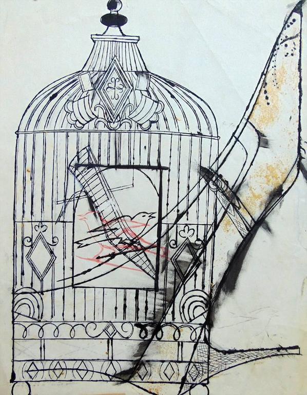 598x768 Andy Warhol - Bird In A Cage Drawing
