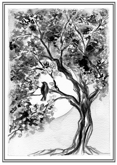 400x565 Sheltered Bird In Mustard Tree Lynne Beard Design - Bird In Tree Drawing