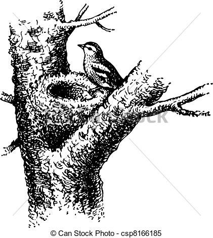 421x470 Clipart Vector Of Birds Nest On The Tree And Bird On It - Bird In Tree Drawing