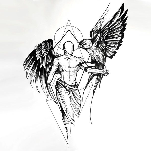 610x610 Sketch Style Angel With Bird Tattoo Design Tattoos Sketch - Bird Tattoo Drawing