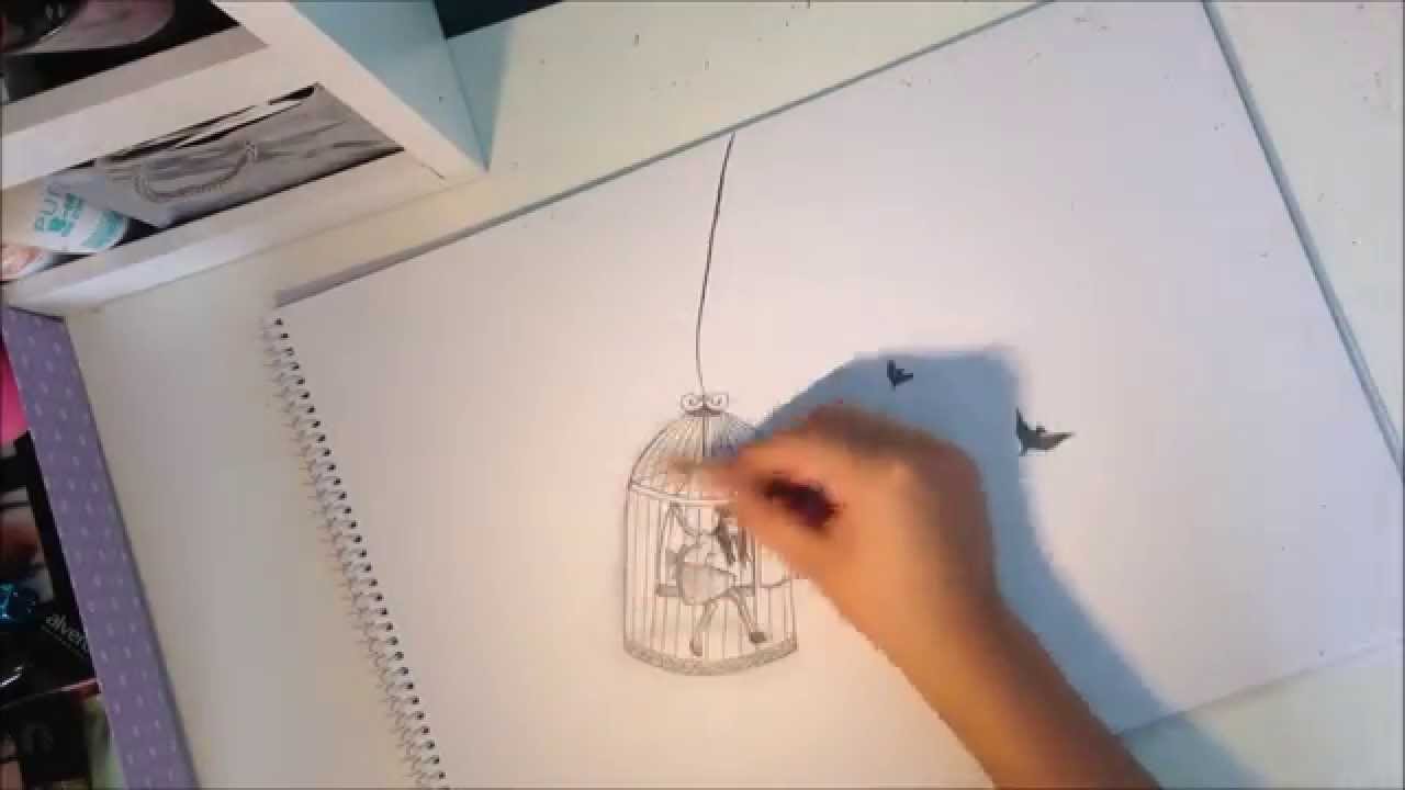 1280x720 easy girl in a birdcage drawing - Birdcage Drawing