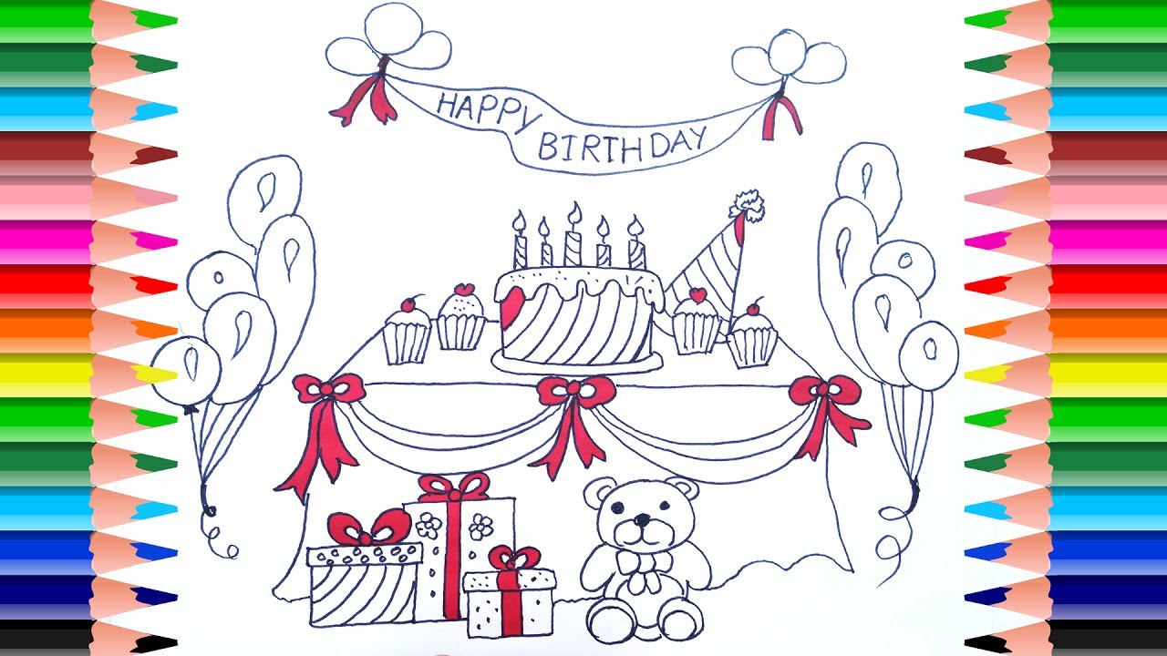 1280x720 how to draw a birthday party set for kids coloring pages cake - Birthday Drawing Images
