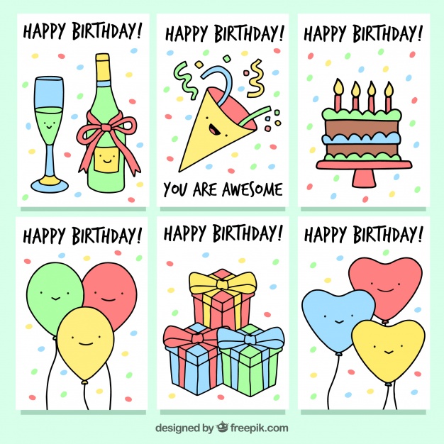 626x626 Set Of Birthday Cards With Party Drawings Vector Free Download - Birthday Drawings